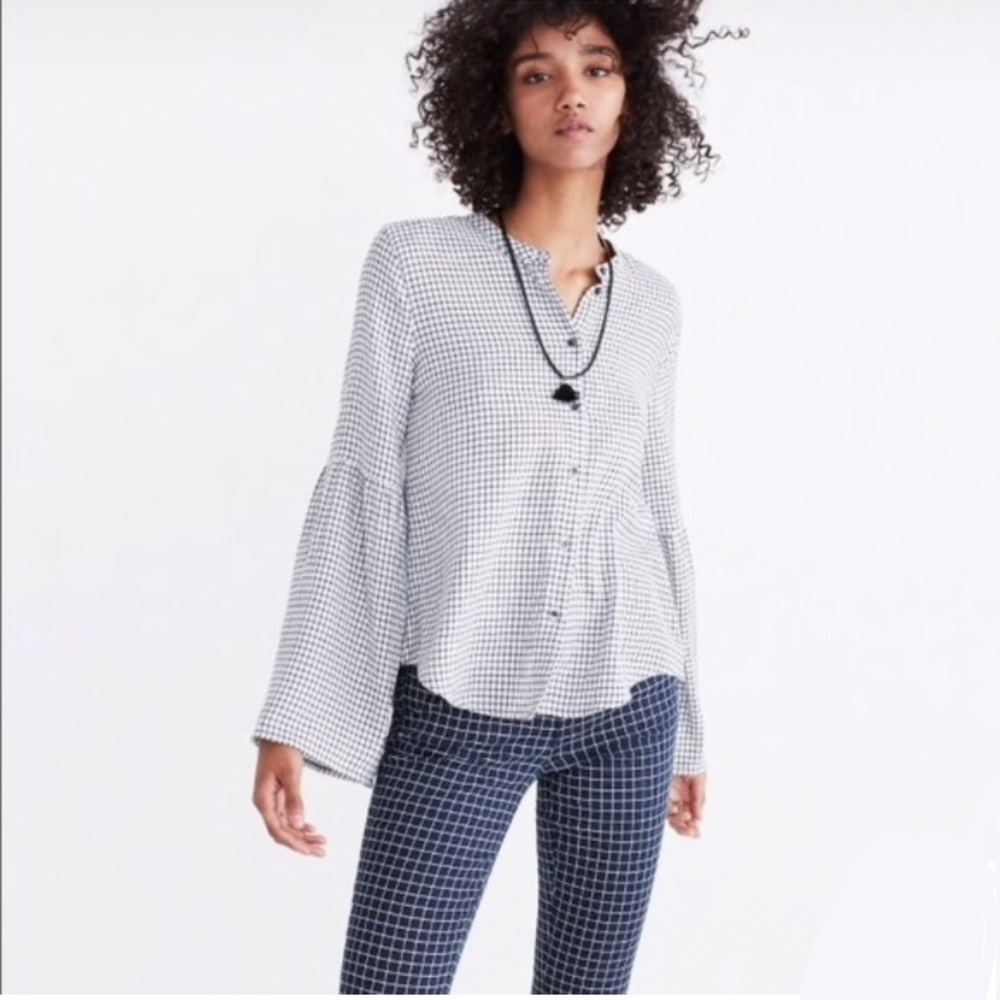 Madewell Windowpane Bell Sleeve Button Down Top White & Black